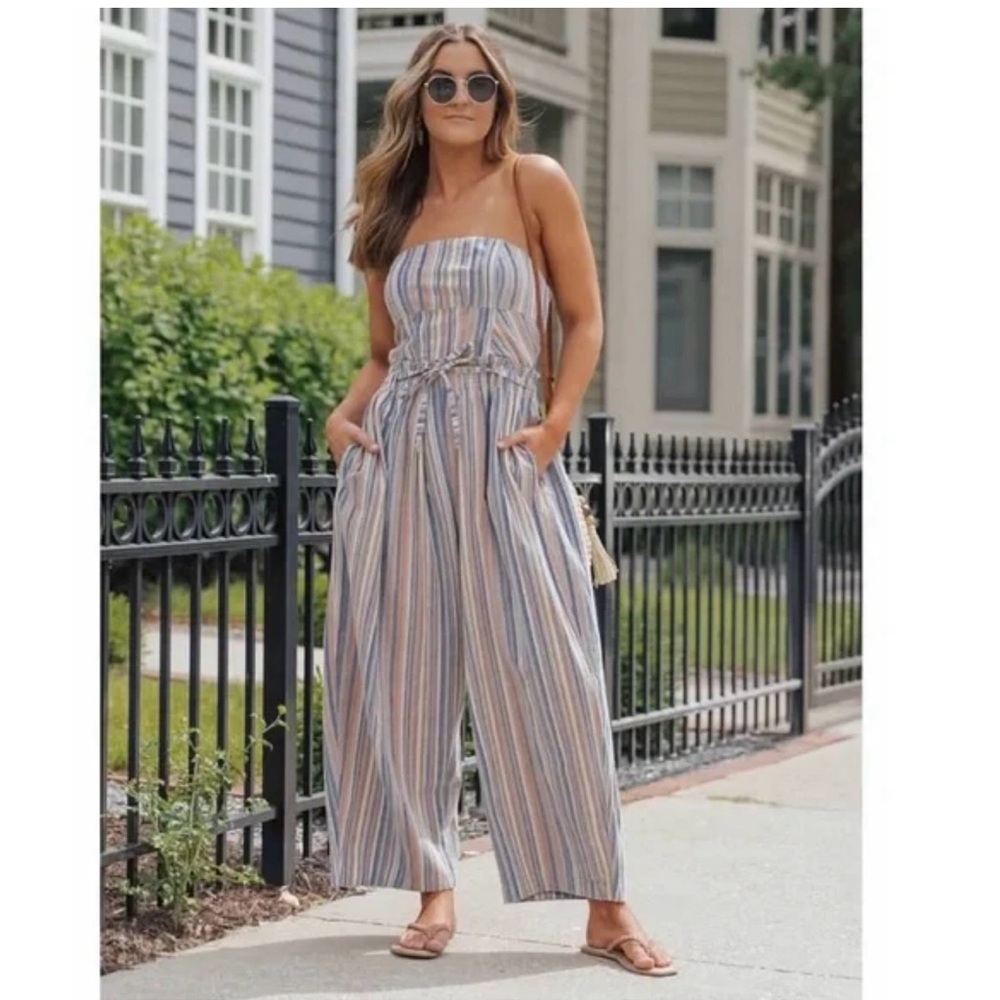 Free People Striped Jumpsuit with Adjustable Waist